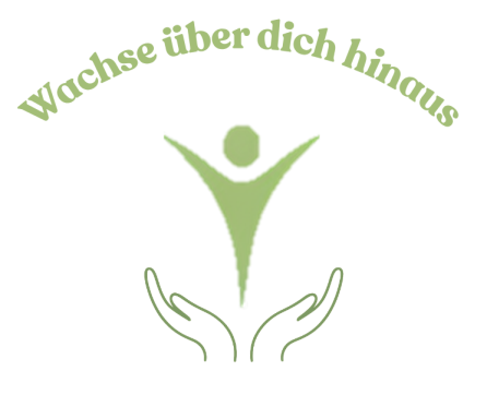 Logo mit der Aufschrift „Wachse über dich hinaus“ und einer stilisierten Person in den Händen.